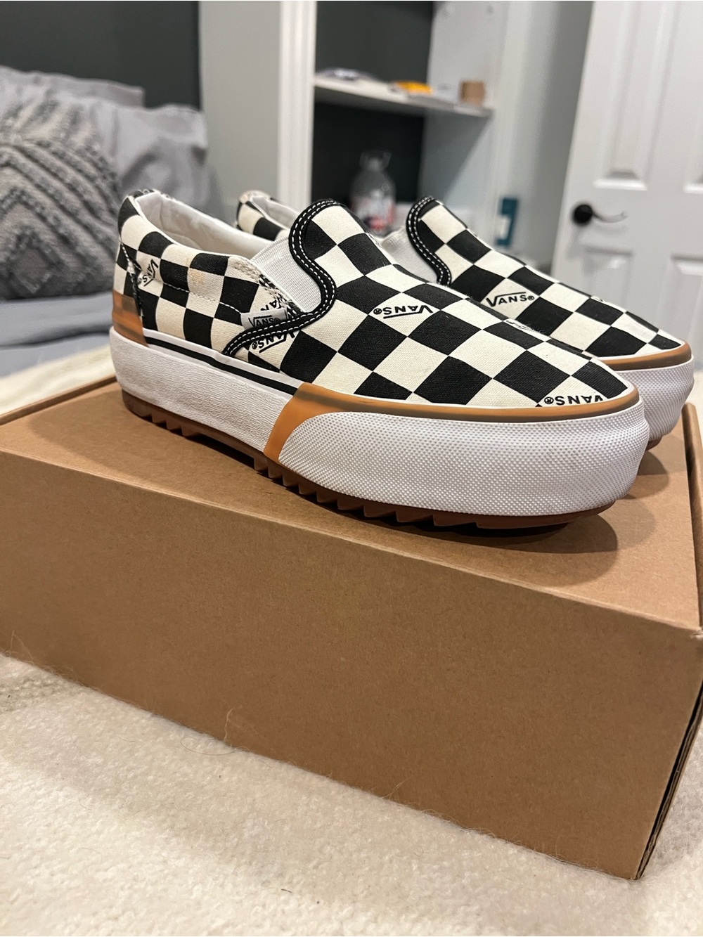 Vans Kids Checkerboard Slip-On Platform Sneaker - Black, White & Tan Accent